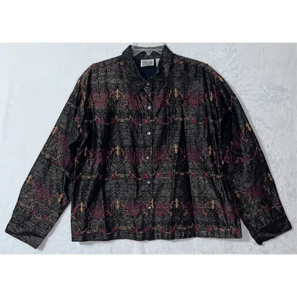 Chico's Design Women's Silk Embroidered Jacket Black Size XL Standard Formal